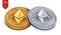 Ethereum. 3D isometric Physical coins. Digital currency. Cryptocurrency. Golden and silver coins with ethereum symbol isolated on