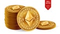 Ethereum. 3D isometric Physical coins. Digital currency. Cryptocurrency. Stack of golden coins with Ethereum symbol