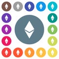 Ethereum digital cryptocurrency flat white icons on round color backgrounds