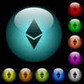 Ethereum digital cryptocurrency icons in color illuminated glass buttons
