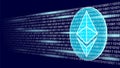 Ethereum digital cryptocurrency sign binary code number. Big data information mining technology. Blue glowing abstract