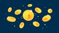 Ethereum ETH coins falling from the sky. ETH cryptocurrency concept banner background