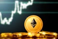 ETHEREUM ETH cryptocurrency; golden ethereum coin on the background of the chart