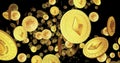 Ethereum ETH cryptocurrency looped flight between golden coins