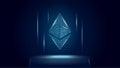 Ethereum ETH cryptocurrency token symbol, coin icon on dark polygonal wireframe background.