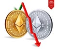 Ethereum. Fall. Red arrow down. Ethereum index rating go down on exchange market. Crypto currency. 3D isometric Physical Golden an