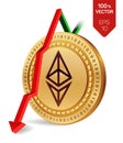 Ethereum. Fall. Red arrow down. Ethereum index rating go down on exchange market. Crypto currency. 3D isometric Physical Golden co