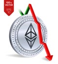 Ethereum. Fall. Red arrow down. Ethereum index rating go down on exchange market. Crypto currency. 3D isometric Physical Silver co