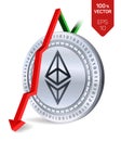 Ethereum. Fall. Red arrow down. Ethereum index rating go down on exchange market. Crypto currency. 3D isometric Physical Silver co