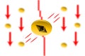 Ethereum Fall. Red arrow down with gaussian blur effect background. Ethereum market crash. Red chart down.