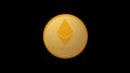 Ethereum, gold cryptocurrency coin isolated on black background, 3D render, front view