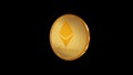 Ethereum, gold cryptocurrency coin isolated on black background, 3D render, side view