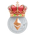 Ethereum with golden crown, 3D rendering