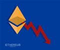 Ethereum and graph, price falling, bearish icon, background money