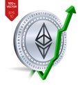 Ethereum. Growth. Green arrow up. Ethereum index rating go up on exchange market. Crypto currency. 3D isometric Physical