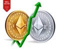 Ethereum. Growth. Green arrow up. Ethereum index rating go up on exchange market. Crypto currency. 3D isometric Physical