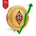 Ethereum. Growth. Green arrow up. Ethereum index rating go up on exchange market. Crypto currency. 3D isometric Physical Golden co