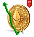 Ethereum. Growth. Green arrow up. Ethereum index rating go up on exchange market. Crypto currency. 3D isometric Physical Golden co