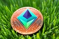 Ethereum logo on lush green grass, ecological concept of e-commerce and renewable energy
