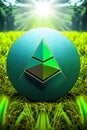 Ethereum logo on lush green grass, ecological concept of e-commerce and renewable energy