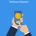 Ethereum Pay. Concept of cryptocurrency technology, ethereum exchange, mobile banking. Hand holding smartphone, pay and