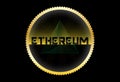 Ethereum ribbed coin text, yellow black background with futurist