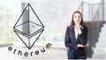Ethereum sketch with young businesswoman in a suit with longhair and pretty thoughtful face. Criptocurrency concept.