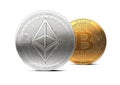 Ethereum stands in front of bitcoin isolated on white background. Domination concept.