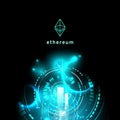 Ethereum symbol . circuit line on binary code and gears background. Vector illustration cryptocurrency mining concept.