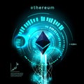 Ethereum symbol . circuit line on binary code and gears background. Vector illustration cryptocurrency mining concept.