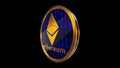 Ethereum, close up view of gold cryptocurrency coin with binary code on black background, side view