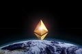 Ethereum symbol rising behind planet earth. 3d illustration