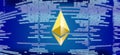 Ethereum symbols on digital abstract background.