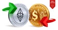 Ethereum to dollar currency exchange. Ethereum. Dollar coin. Cryptocurrency. Golden and silver coins with Ethereum and Dollar symb