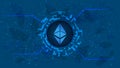 Ethereum token symbol, ETH coin icon, in a digital circle with a cryptocurrency theme on a blue background.