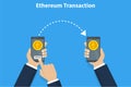 Ethereum transaction. Concept of cryptocurrency technology, ethereum exchange, mobile banking. Hand holding smartphone