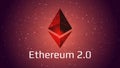 Ethereum 2.0 updated - cryptocurrency coin symbol on abstract polygonal red background.