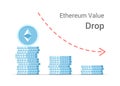 Ethereum value drop concept illustration isolated on white background. Stacks of blue vector flat coins