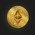 Ethereum vector illustration. Golden realistic coin. Cryptocurrency Ether on black background. Digital currency. ETH digital coin