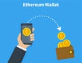 Ethereum wallet with coins, crypto currency in the wallet ,ethereum coins in the wallet, design concept. Vector