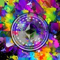 Etherium crypto currency coin on colorful background, cryptocurrency concept color art