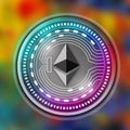 Etherium cryptocurrency coin on colorful background, cryptocurrency concept