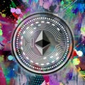 Etherium cryptocurrency coin on colorful background, cryptocurrency concept