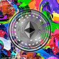 Etherium cryptocurrency coin on colorful background, cryptocurrency concept