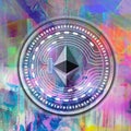 Etherium cryptocurrency coin on colorful background, cryptocurrency concept