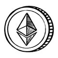 Etherium cryptocurrency money coin sketch icon. Vector Ethereum crypto sign. Hand drawn isolated crypto mining symbol.