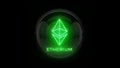 Etherium. Green Etherium coin logo. Nixie tube indicator. Gas discharge indicators and lamps. 3D. 3D Rendering