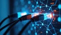 Ethernet cable plugged into network port. Cables connected to hub router. Network connectivity, data transfer. Communication Royalty Free Stock Photo