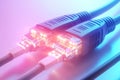 Ethernet cables glowing with red and blue lights symbolizing data transmission secure networking and high speed communication t