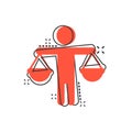 Ethic balance icon in comic style. Honesty cartoon vector illustration on isolated background. Decision splash effect business